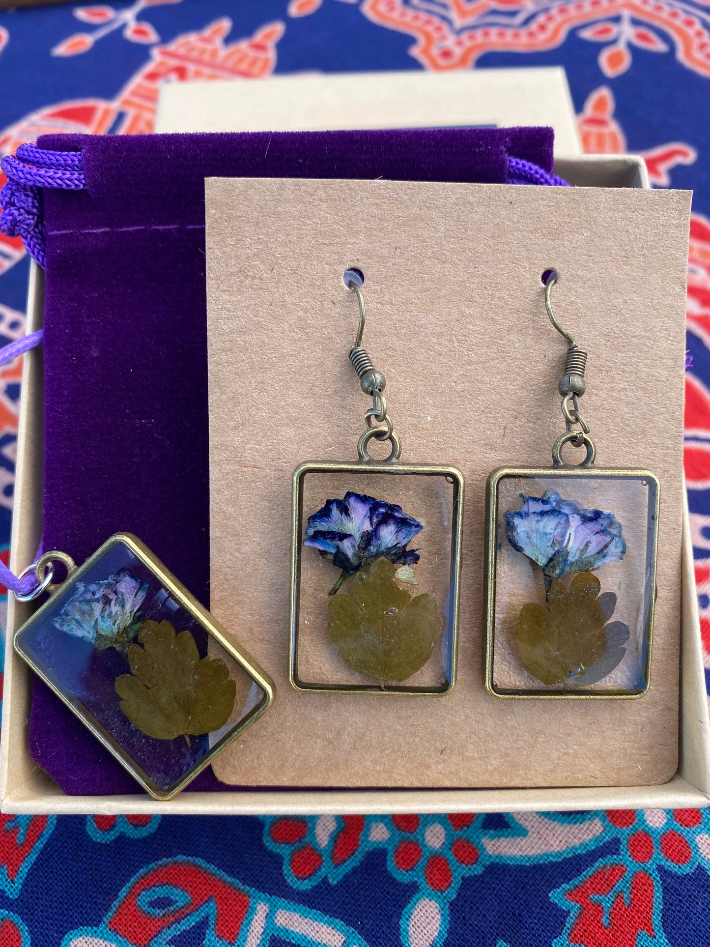 Handcrafted and One of a Kind, Real Pressed Wildflower Earring and Necklace Gift Set