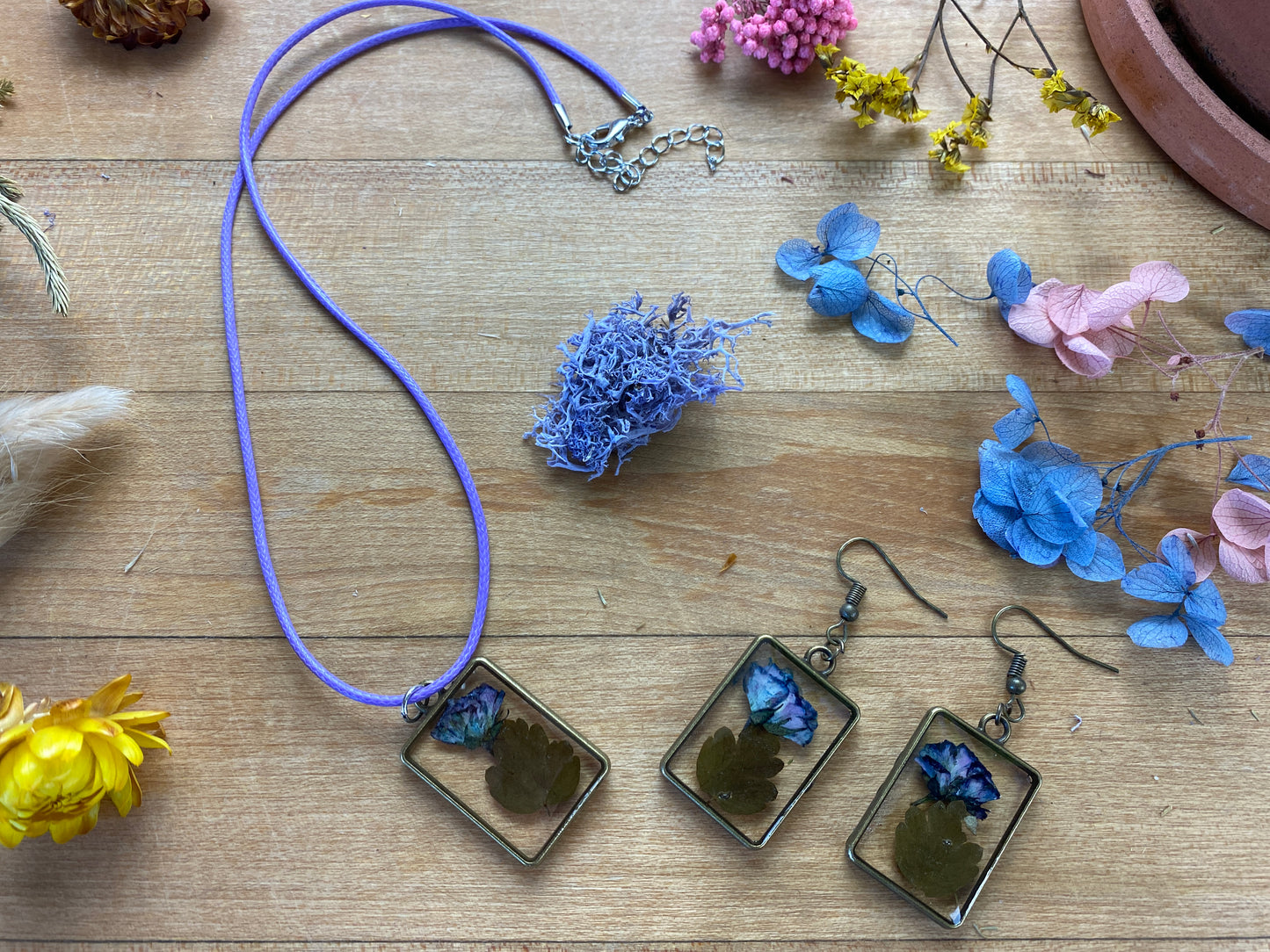 Handcrafted and One of a Kind, Real Pressed Wildflower Earring and Necklace Gift Set